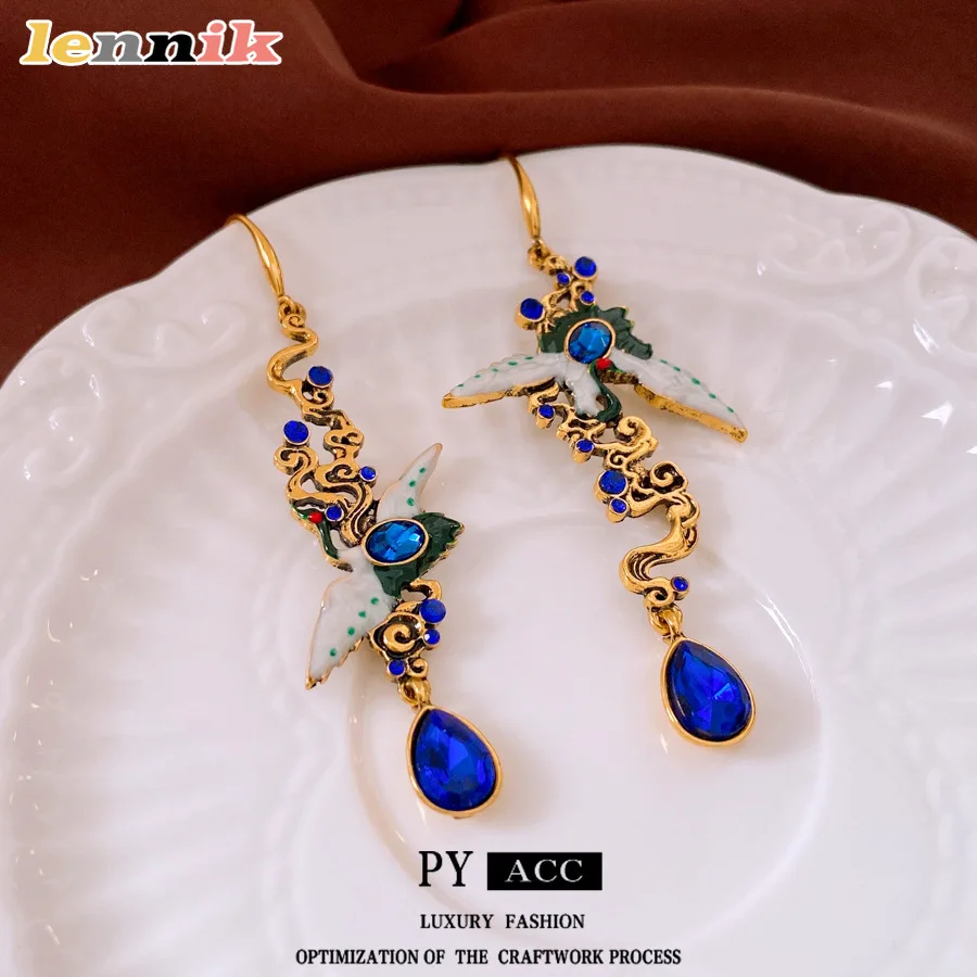 2025 Crane Earrings , Drip Enamel Hollow Asymmetric Ear Hook, Vintage Midsummer Style, Luxury Bohemian Elegant Statement Jewelry