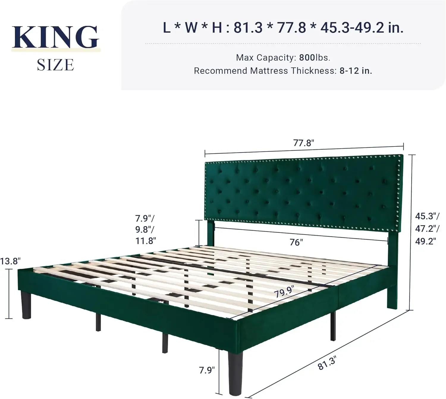 Allewie King Bed Frame, Velvet Upholstered Platform Bed with Adjustable Diamond Button Tufted & Nailhead Trim Headboard