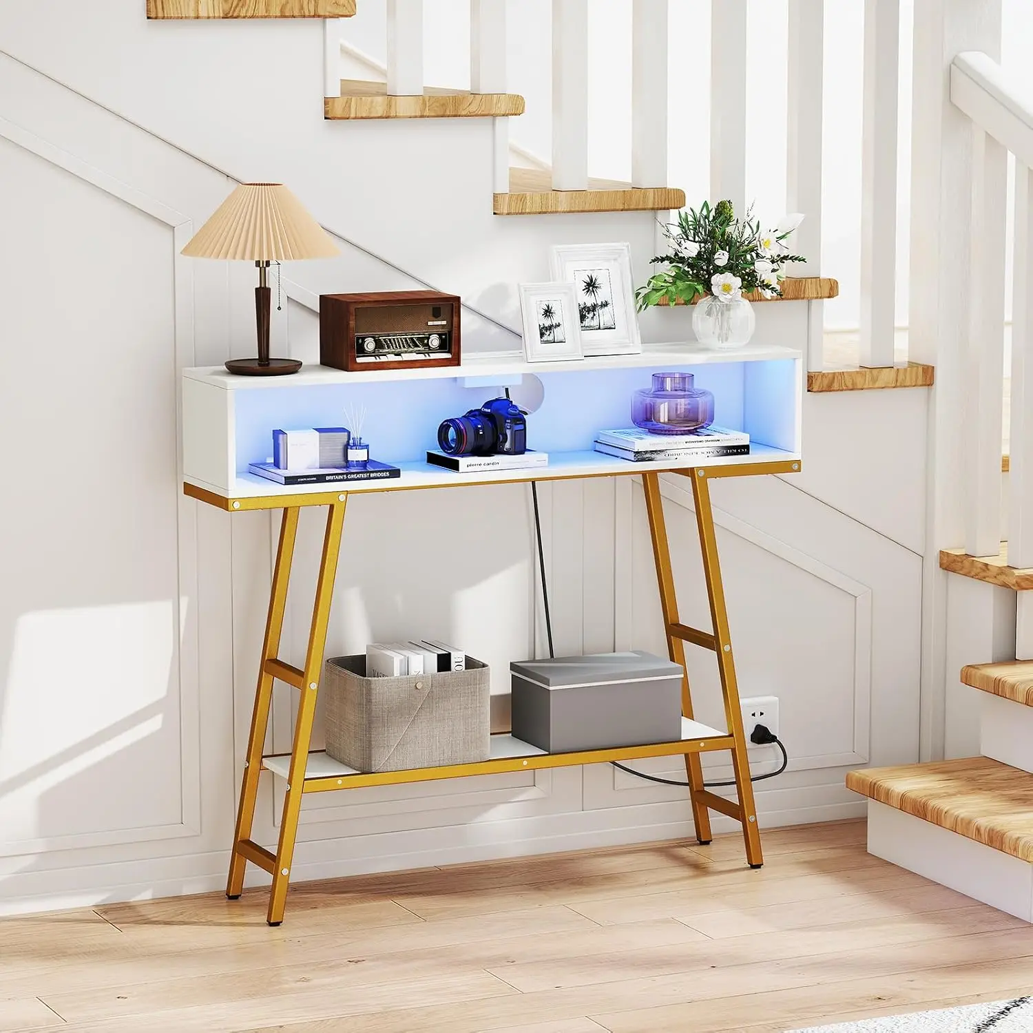 Modern Console Table with Charging Station & LED Lights, 40