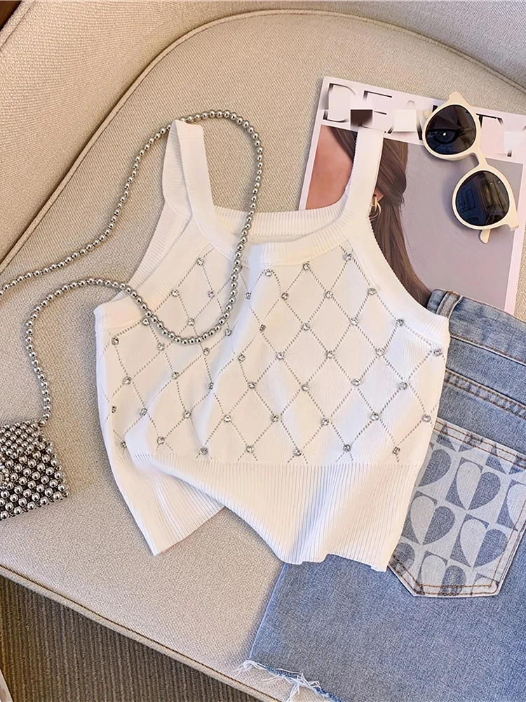 

Solid Rhinestone Eyelet Spaghetti Top Casual Crew Neck Sleeveless Knitted Cami Top Summer Fashion Women's Clothing Crop Top