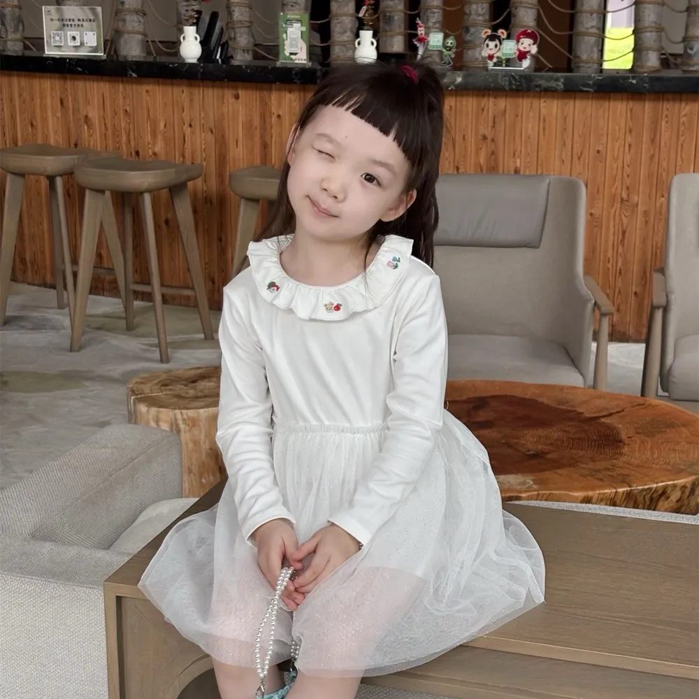 

kids dress fall baby girls clothes Cartoon pattern embroidered lace collar Mesh splicing girls' long sleeved white dress
