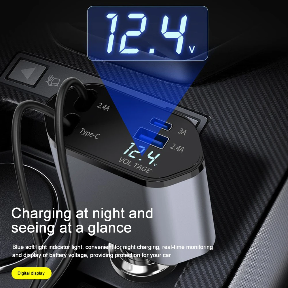 4 IN 1 Car Phone Charger 120W Type C 66W+2.4A Charging Cable with Retractable Cords with Volt Display For IPhone Huawei Samsung view 3
