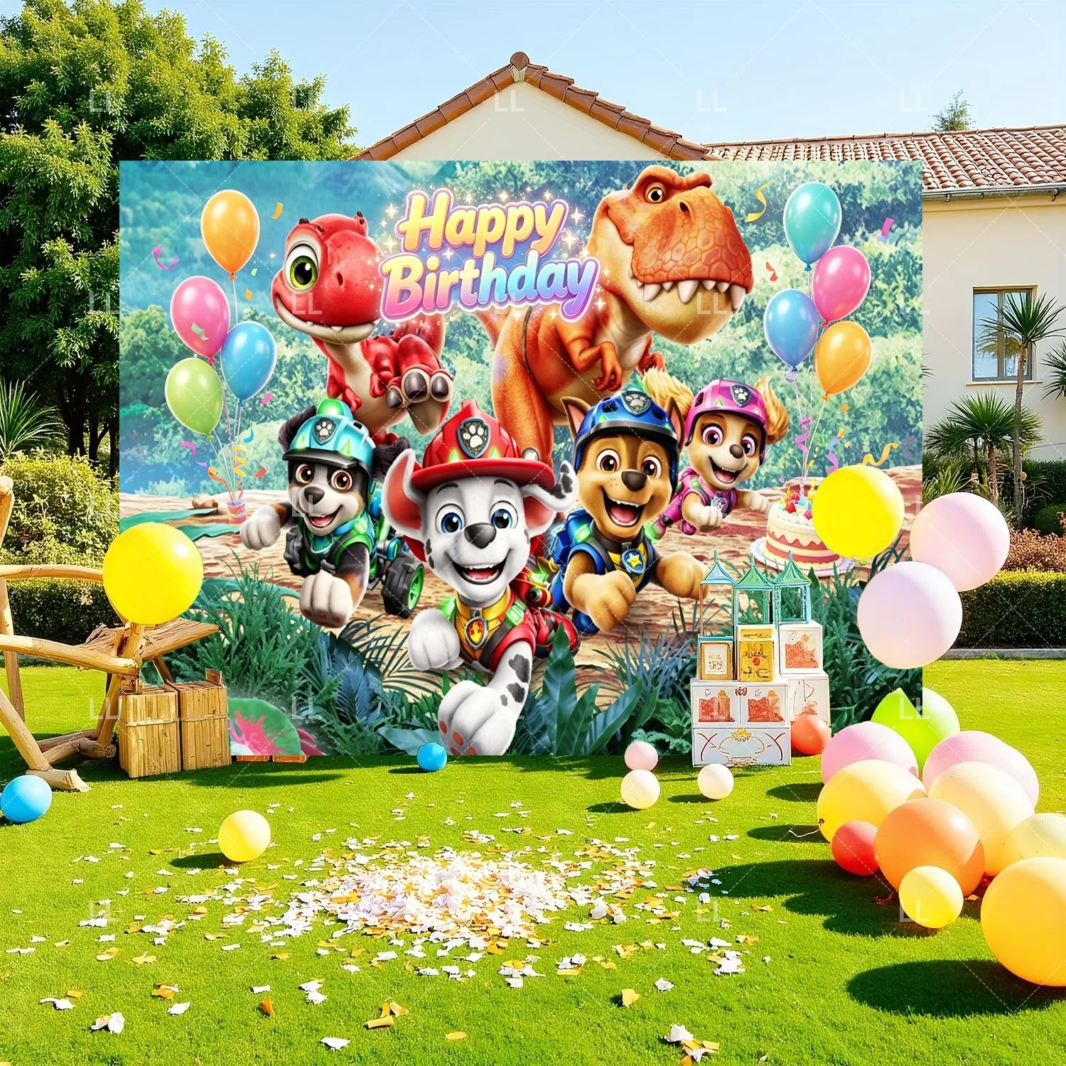Paw Patrol Brave Dinosaur Island Theme Backdrop Child Birthday Party Decor Cute Puppy Dog Photography Background Kid Baby Shower view 5
