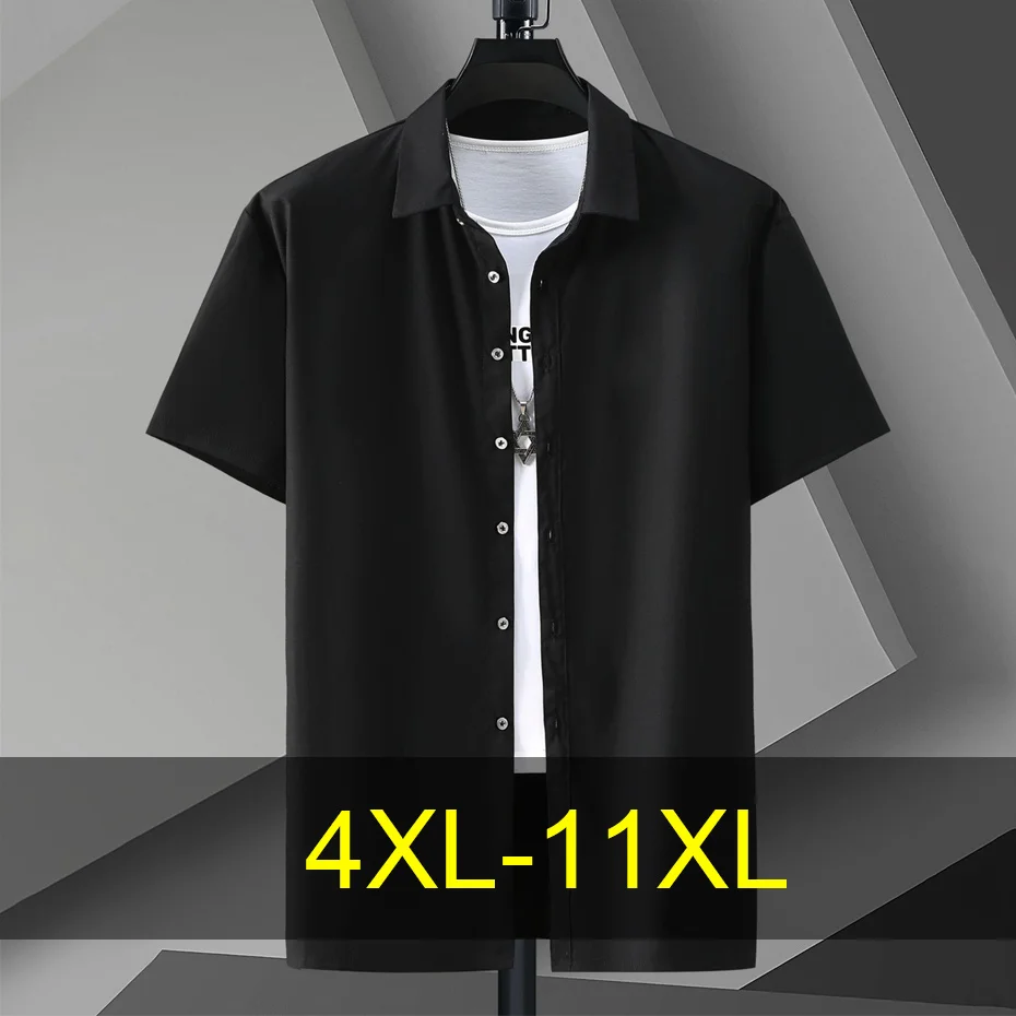 

11XL Plus Size Shirts Men Summer Short Sleeve Shirt Fashion Casual Solid Color Black White Shirt Male Summer Tops Big Size 11XL