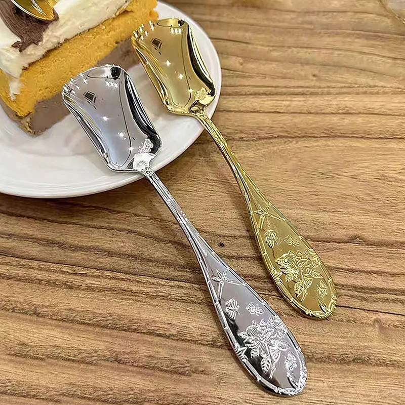 17 Cm Flat Bottom Spoon Stainless Steel Square Dinner Spoons Stirring Spoon Long Handle Drink Spoon For Ice Cream Dessert