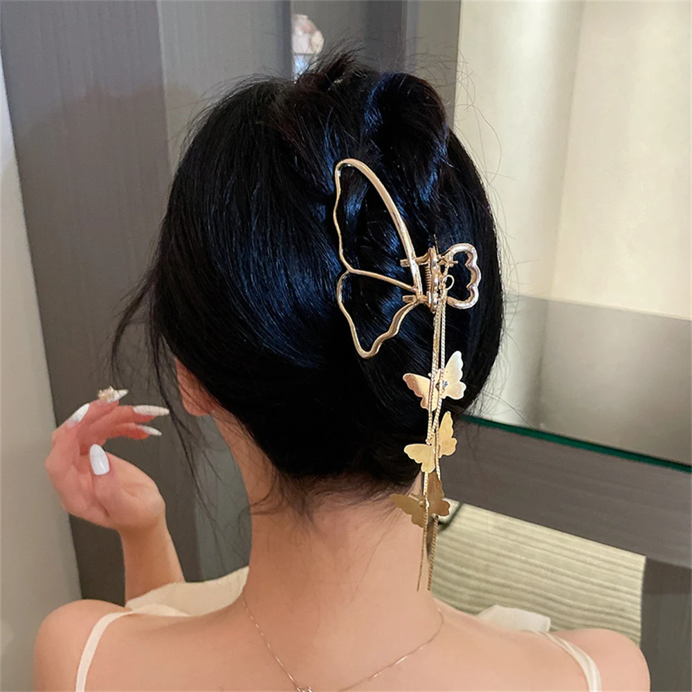 Large Hollow Out Butterfly Metal Hair Claw with Tassel Korean Geometric Gold Color Women Girl Head Wear Hair Accessories Jewelry