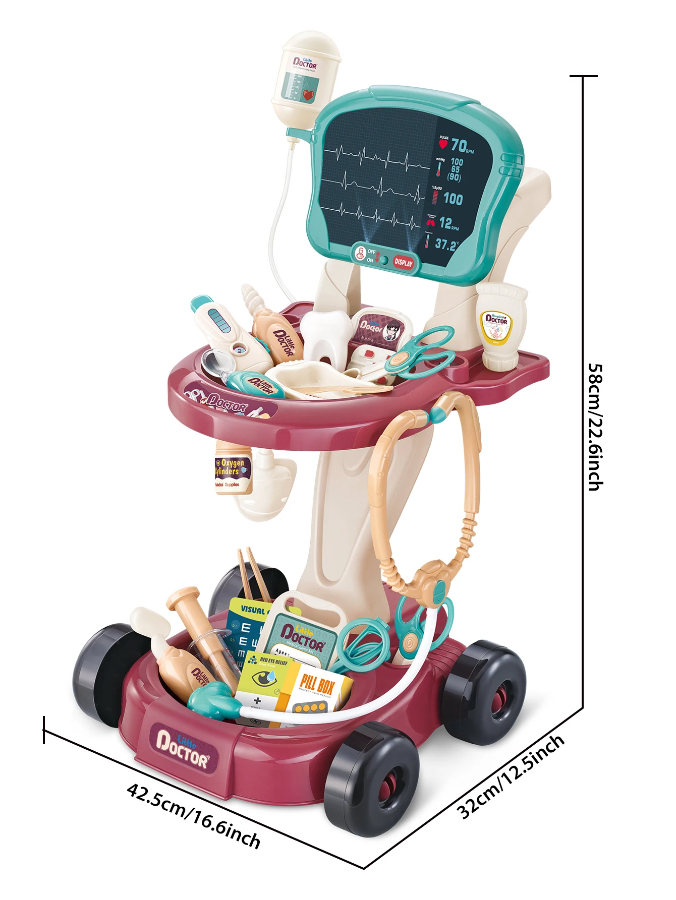 Kit médico para brinquedos infantis, conjunto de estação médica de fingir para meninos e meninas, carrinho móvel de 29 acessórios com luzes