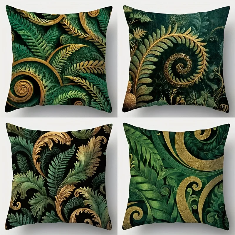 Elegant 4pcs Emerald Green Baroque Tropical Print Throw Pillow Covers Cushion Case for Luxury Sofa Bedding Home Decor Statement
