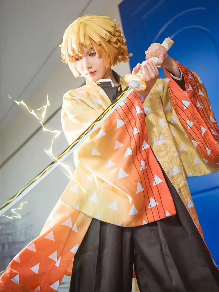 Anime Agatsuma Zenitsu Cosplay Kostuum Kimono Halloween Kleding Party Uniform Pruik Vrouwen Kids