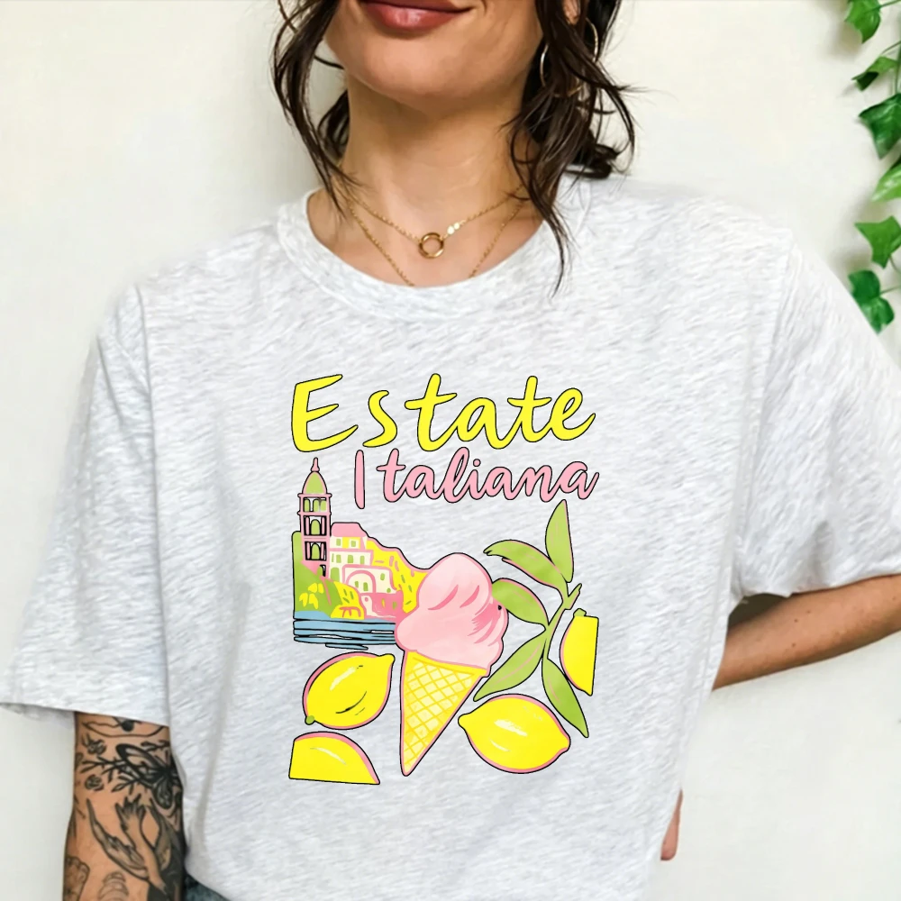 Hand-Drawn Graphic T-Shirt with Ice Cream Lemon Print Summer Streetwear Short Sleeve Crew Neck Men Top High Quality Cotton Tees