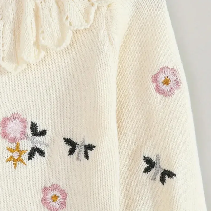 New Girls Cardigan Sweater Coat Spring Autumn Children Casual Warm Jacket Sweet Flower Embroidered Rustic Style Outing Sweaters