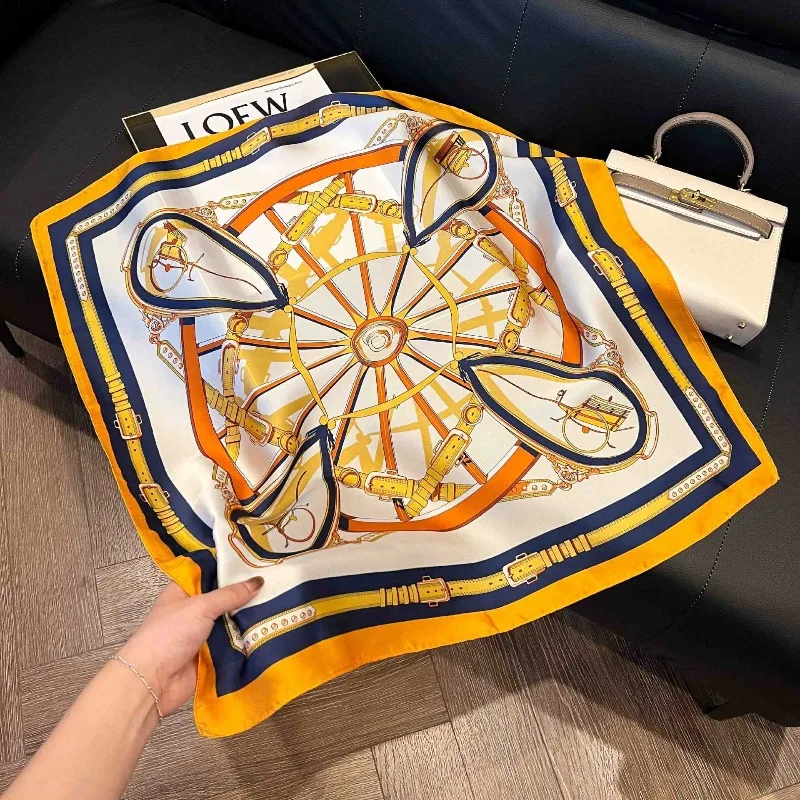 Luxury Design Skinny Silk Square Scarf Women Chain Print Foulard Neckerchief Lady Soft Satin Hairband Head Hijab Bag Ribbon Gift
