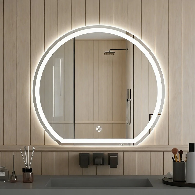 Makeup mirror anti-fog led hotel bathroom project touch screen semi-circular mirror special-shaped wall-mounted washtable smart