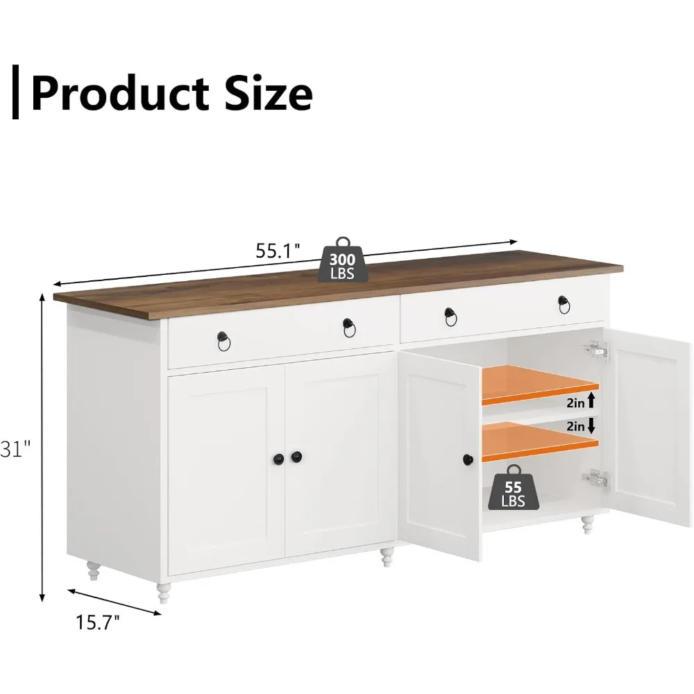Armoire buffet avec rangement, buffet de 55 po avec 2 tiroirs et 4 portes, meuble de bar à café moderne