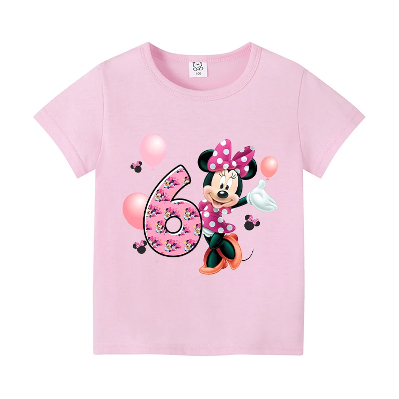 Minnie Mouse Children Pink T-Shirt Birthday Number 1-9 Disney Clothes Cute Anime Kids Girls Boys Tee Shirt Casual Birthday Gifts