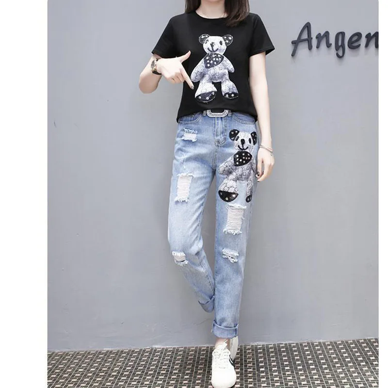 Ladies New Suit Spring And Summer Two-Piece Cartoon T-Shirt Top+nine-Point Jeans Women's Casual And Comfortable Two-Piece Suit