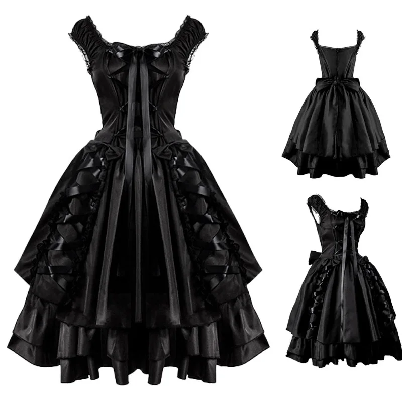 

Classic Bla Gothic Lolita Dr Women's loween Cosplay Costume Lace Collar Layered Skirt Strap Dr Ethnic Stage Costume