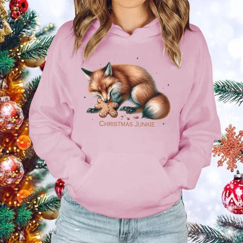 New Christmas Junkie Fox Print Hooded Fashion Women Girl Sweatshirt Long Sleeve Casual Tops Harajuku Sweatshirt