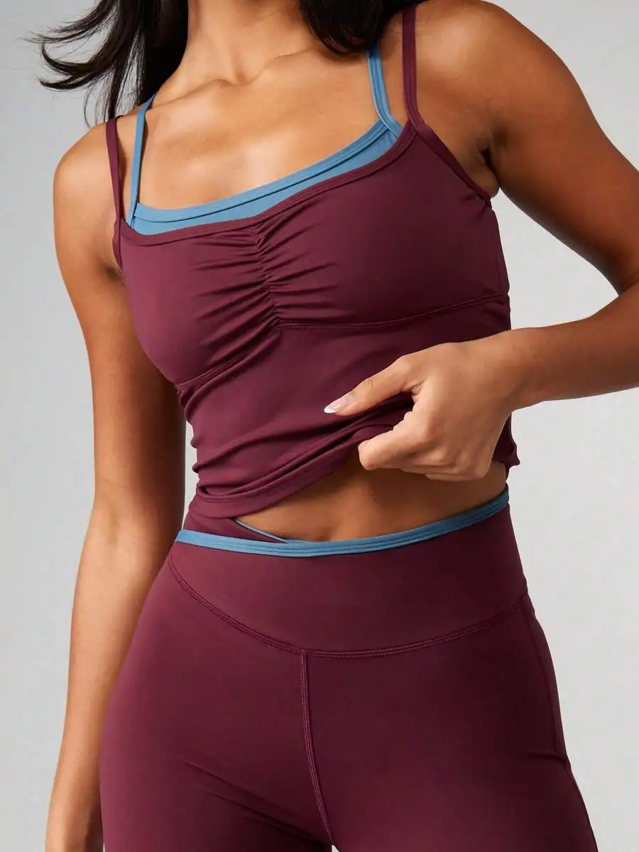 

Burgundy Ruched Crop Tank Top And High Waisted Leggings Set With Blue Contrast Trim