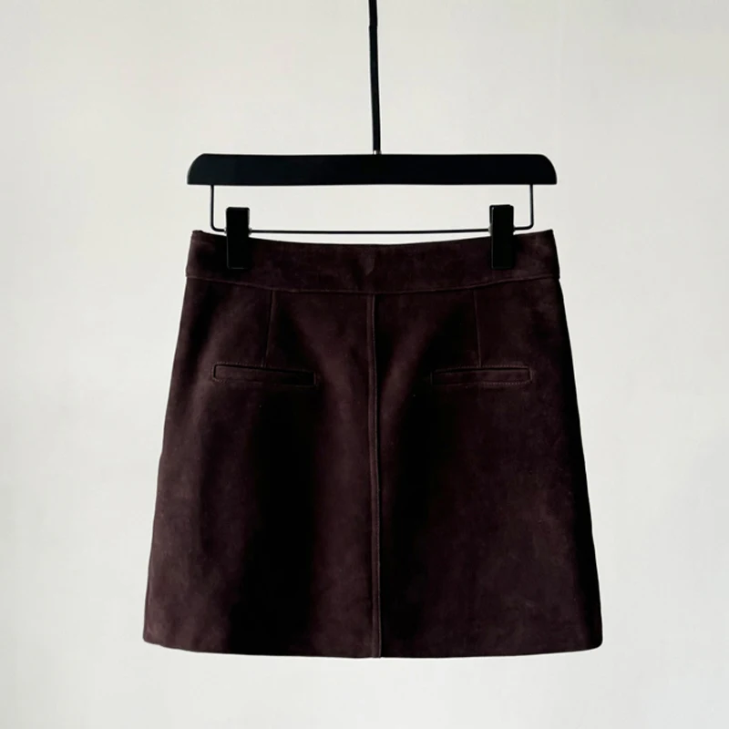 Vêtements rétro café violet pour femmes, en peau de chèvre, en daim importé, veste à simple boutonnage et jupe trapèze, vêtements en cuir véritable