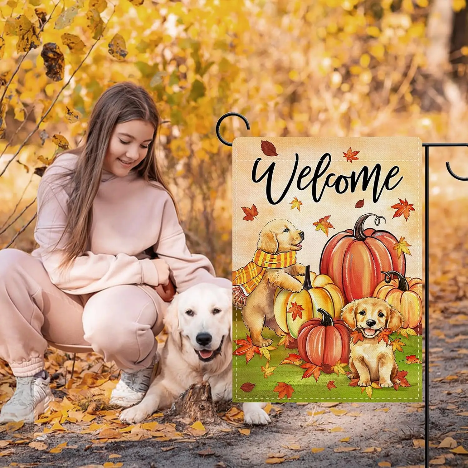 Dyrenson Welcome Fall Golden Retriever Dog Pumpkin Decorative Garden Flag, Autumn Thanksgiving Yard Outside Home Decoration  UUN