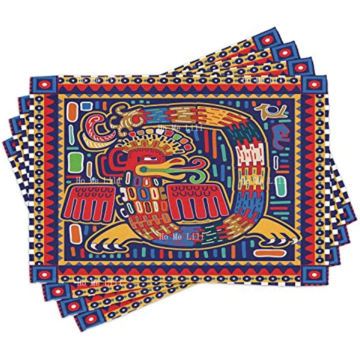 Lunarable Mexican Place Mats Culture Pattern Colorful Art Abstract Snake In Vivid Folk Style