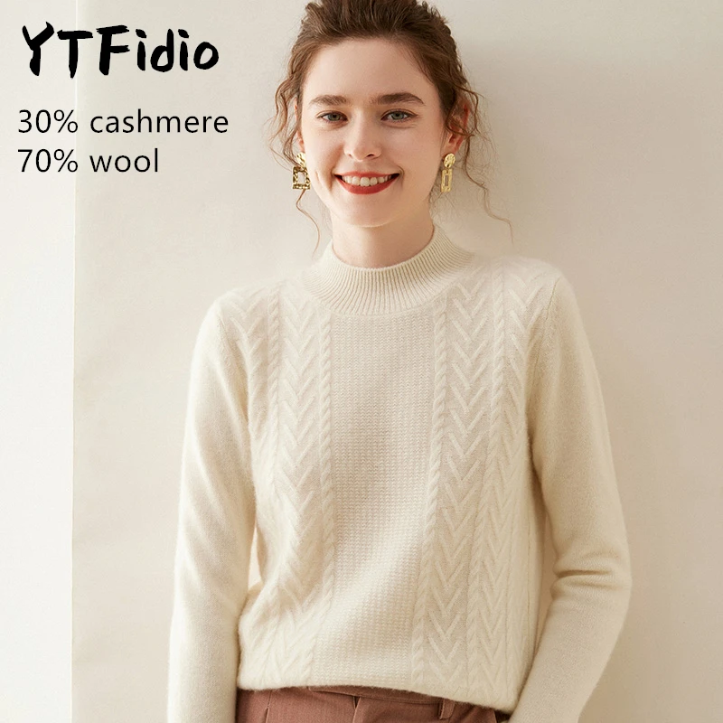 YTFidio-Suéter de lã merino feminino, pescoço simulado, macacões em V, malhas monocromáticas, pulôver casual, tops de manga comprida, 122