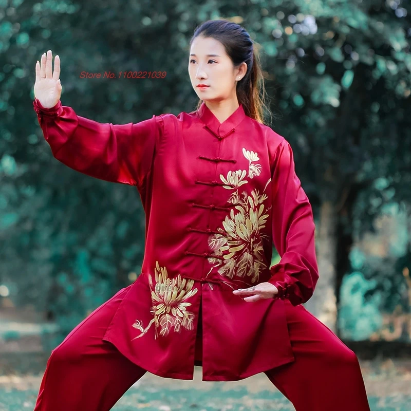

2024 chinese kung fu tai chi martial arts flower print satin set taijiquan practice wushu suit casual outdoor sport clothing