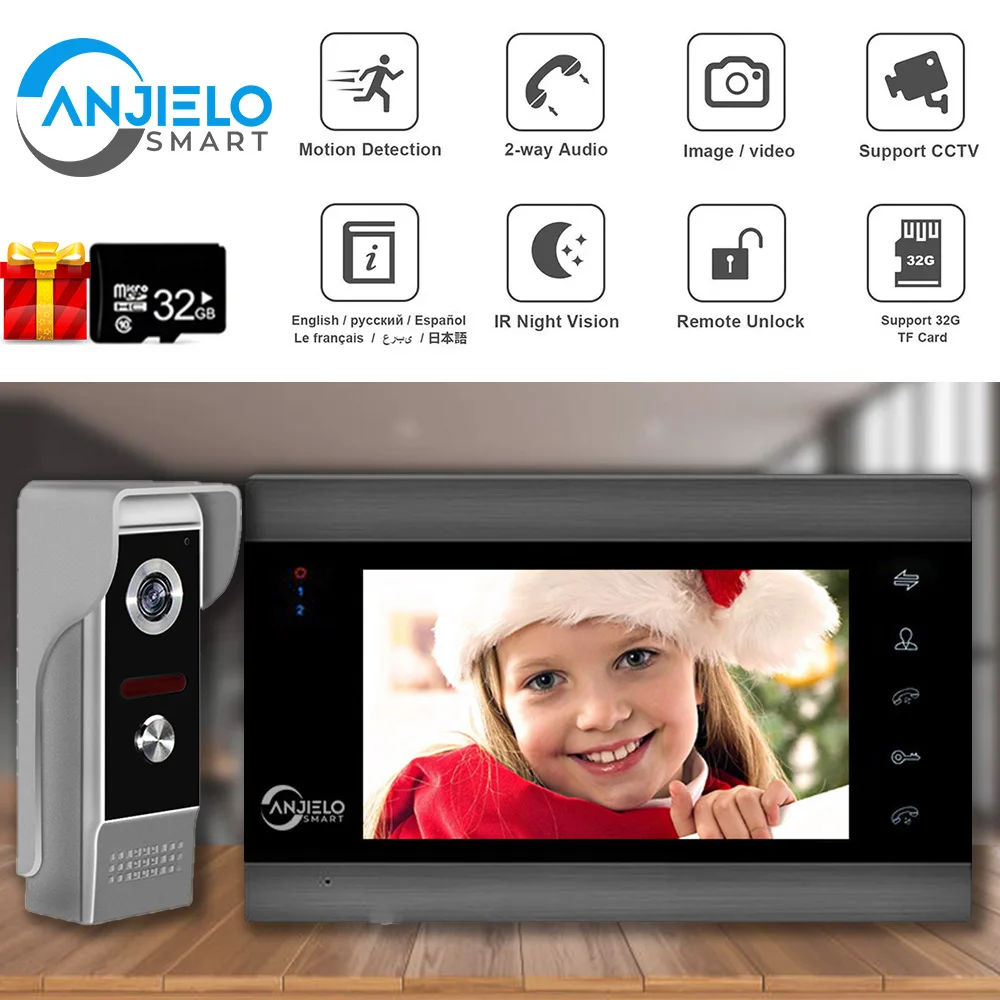 Anjielo-videoportero inteligente para puerta, Monitor de cámara de seguridad para el hogar, teléfono de 7 pulgadas, fácil de instalar, para Villa,