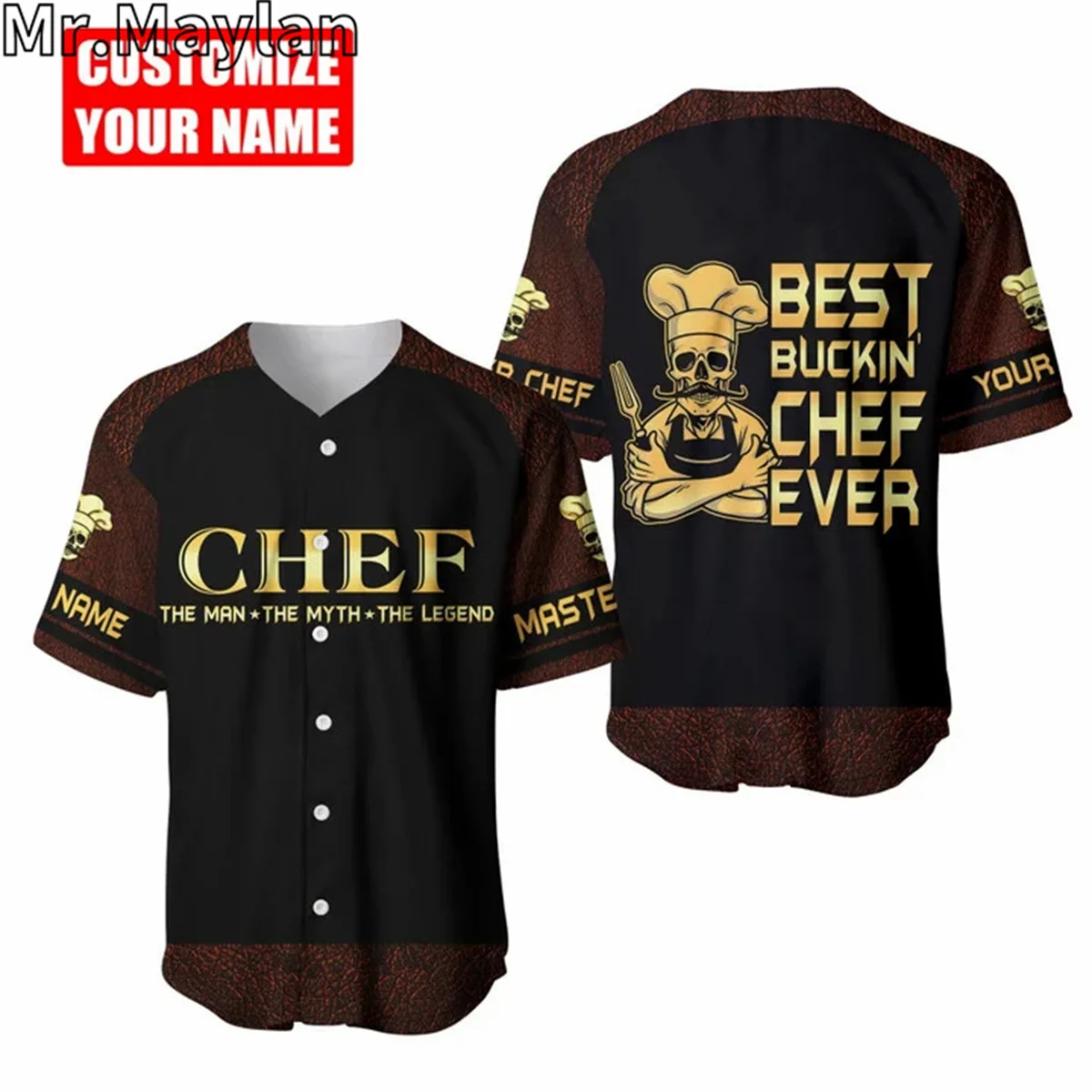 Custom Gift For Chef Skull Baseball Jersey Black Brown Shirt 3D Master Chef Baseball Shirt Men's Shirt Casual Tee hip hop Tops-7