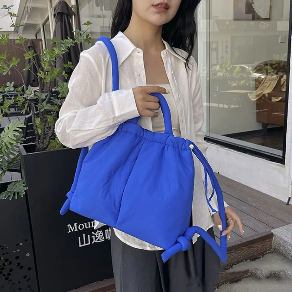 Simple Solid Color Drawstring Tote Bag Soft Dual-purpose Nylon Padded Tote Bag Puffy Large Capacity Drawstring Backpack Work