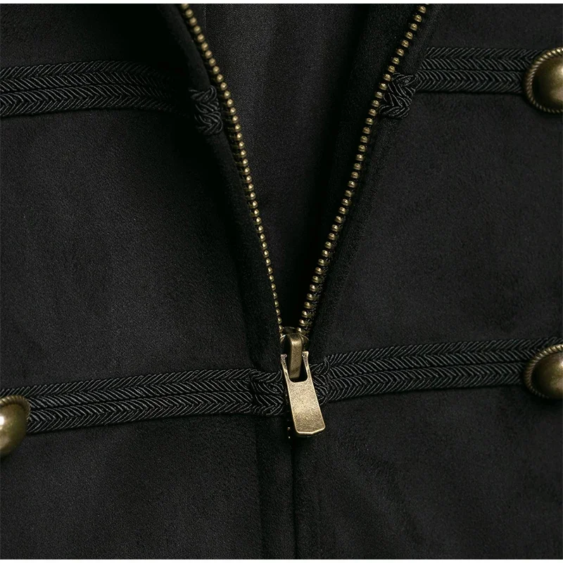 Damenjacke aus Wildleder-Optik mit Stehkragen, kurz geschnitten, mit Reißverschluss vorne, goldenen doppelten Zierknöpfen und Schulterklappen. – Detail 4