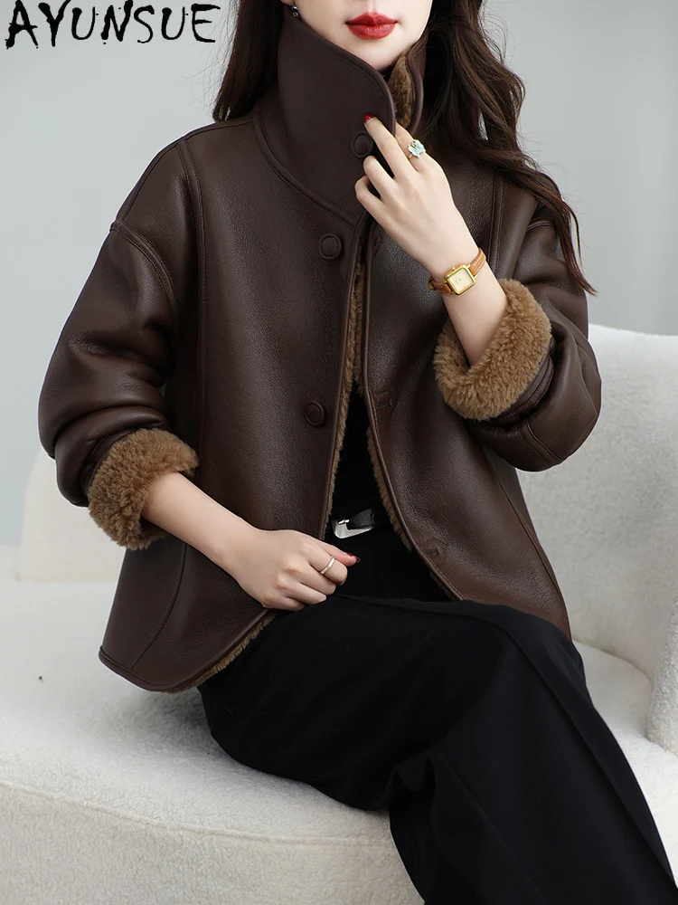 AYUNSUE 100% manteau de laine femmes 2025 vêtements d'hiver femme fourrure intégrée Пajiто Жletiе nouveau dans les manteaux moto et veste de motard