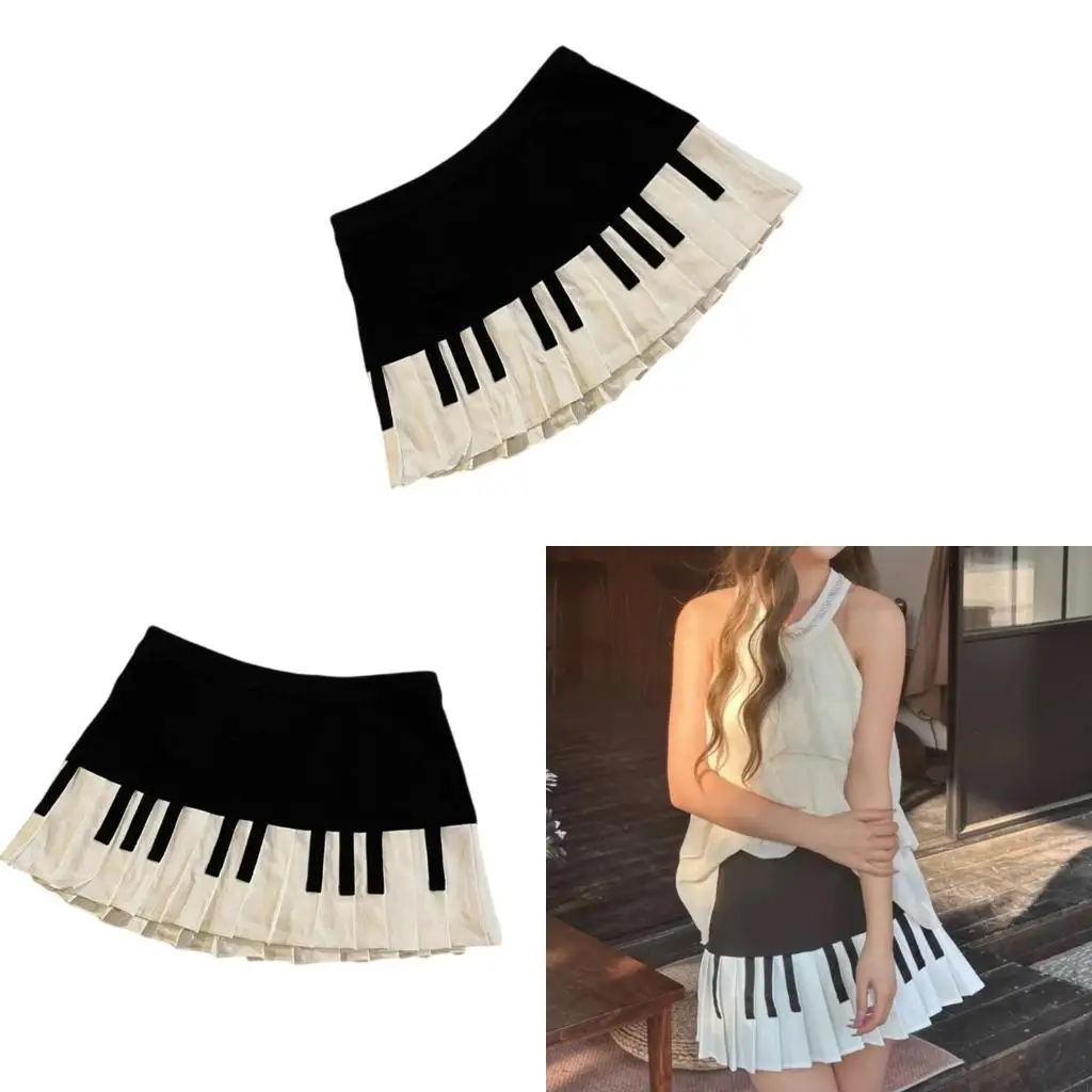 

Womens Vintage Aesthetic Piano Print A Line Swing Mini Skirt High Waist School Uniform Pleated Short Skater Skirts