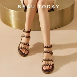 BEAUTODAY Fashion Sandals Women Genuine Cow Leather Metal Decoration Buckle Strap Casual Ladies Flat Shoes Handmade 33104