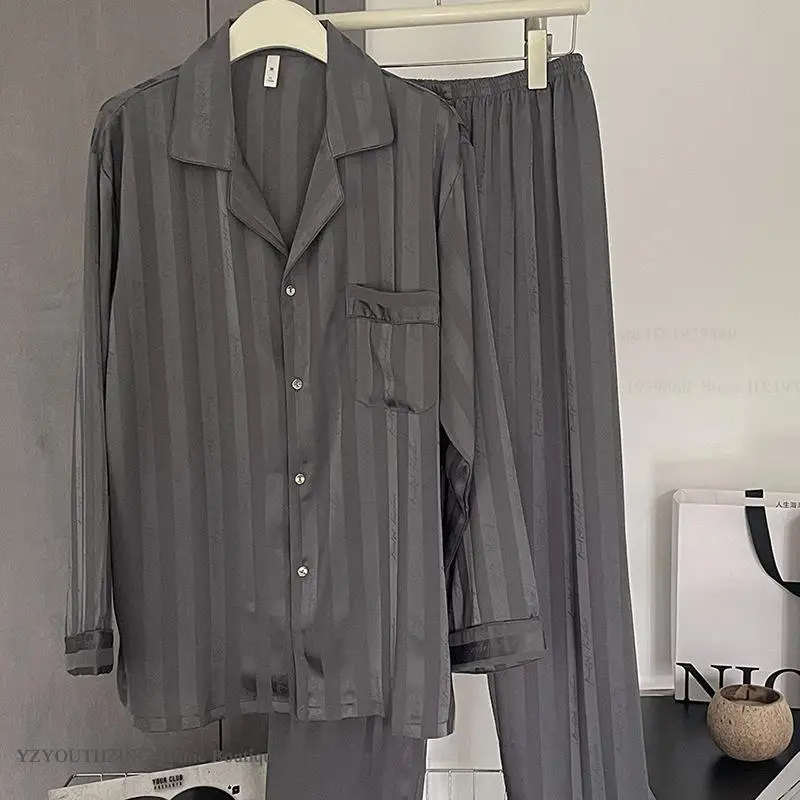 Men 2PCS Pajamas Set Loungewear Print Stripe Sleepwear Long Sleeve Trouser Suits Loose Silky Satin Home Clothes Night Wear 3XL - Image 5