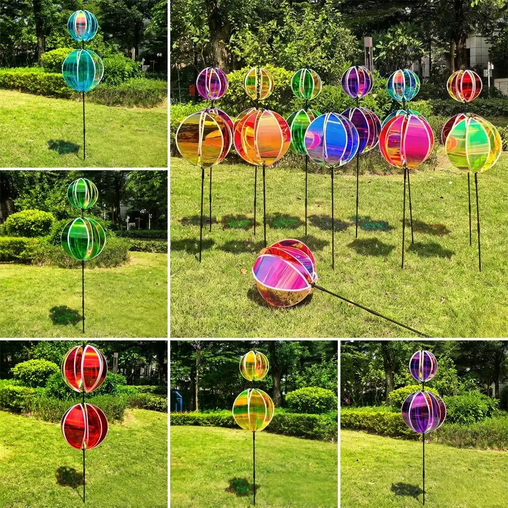 Sparkling Stripe Reflective Garden Pinwheels Rainbow Color Colorful Film Windmill With Stakes Rotating Ball Wind Rotating Sphere
