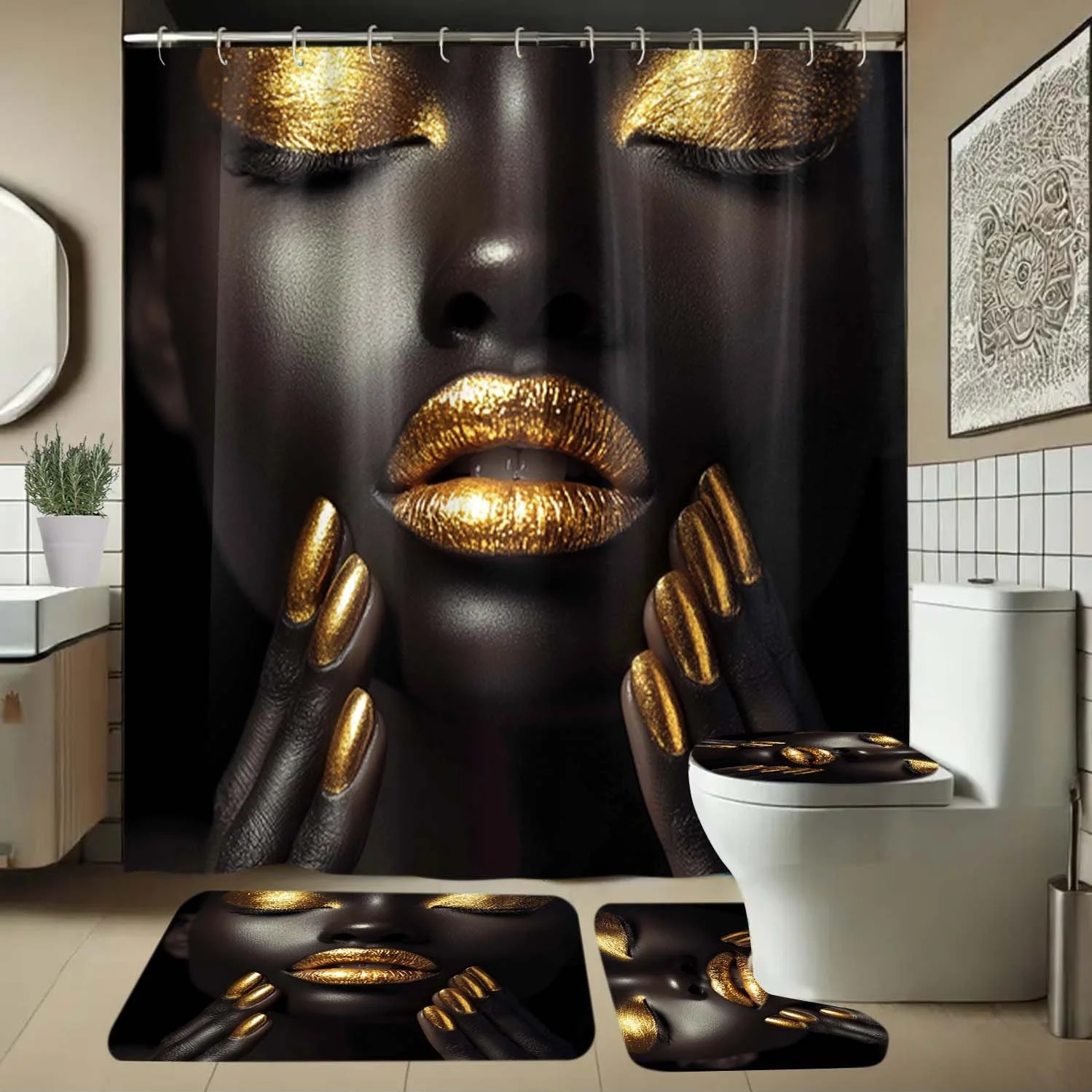 4ピース-ゴールデンリップス-ネイル-シャワーカーテンセット、ブラックライトベージュ柄、フック付き、滑り止めマット＆トイレ蓋パッド、バスルームデコレーション