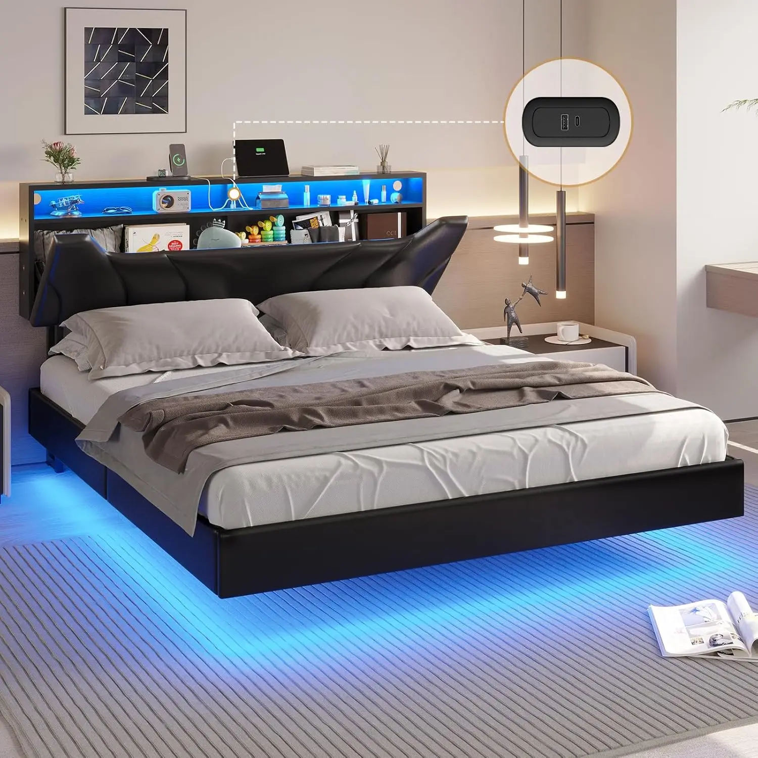 Full-size floating bed frame, LED lights, USB/Type-C ports, upholstered, no box spring needed