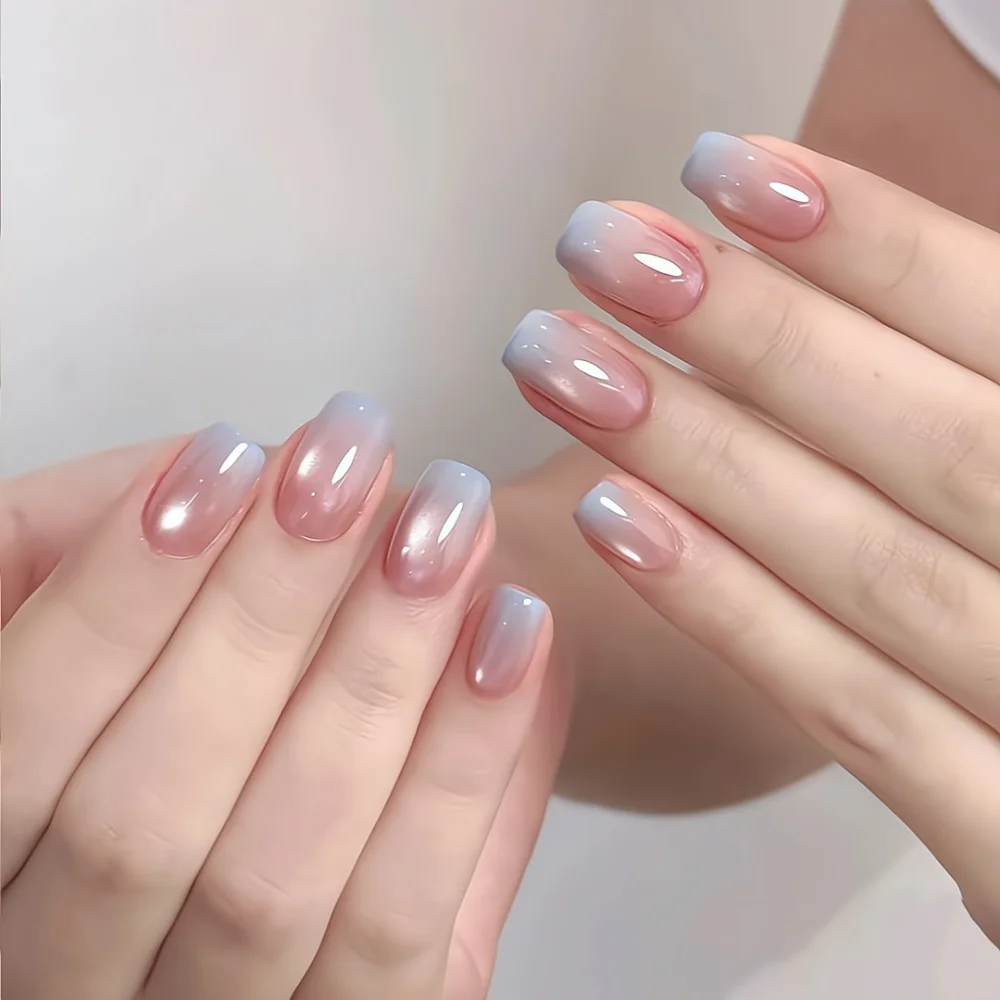 10pcs Dopamine Cat's Eye Handmade Press on Nails Colorful Candy Smudge Short Square False Nail Tip Simple Fake Nail Art Manicure