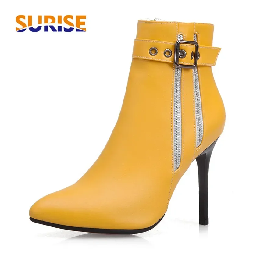 

Winter Autumn Zipper Plush Ankle Boots Women White Red High Stiletto Heels Dress Office Lady Pointed Toe Buckle Belt Short Boots