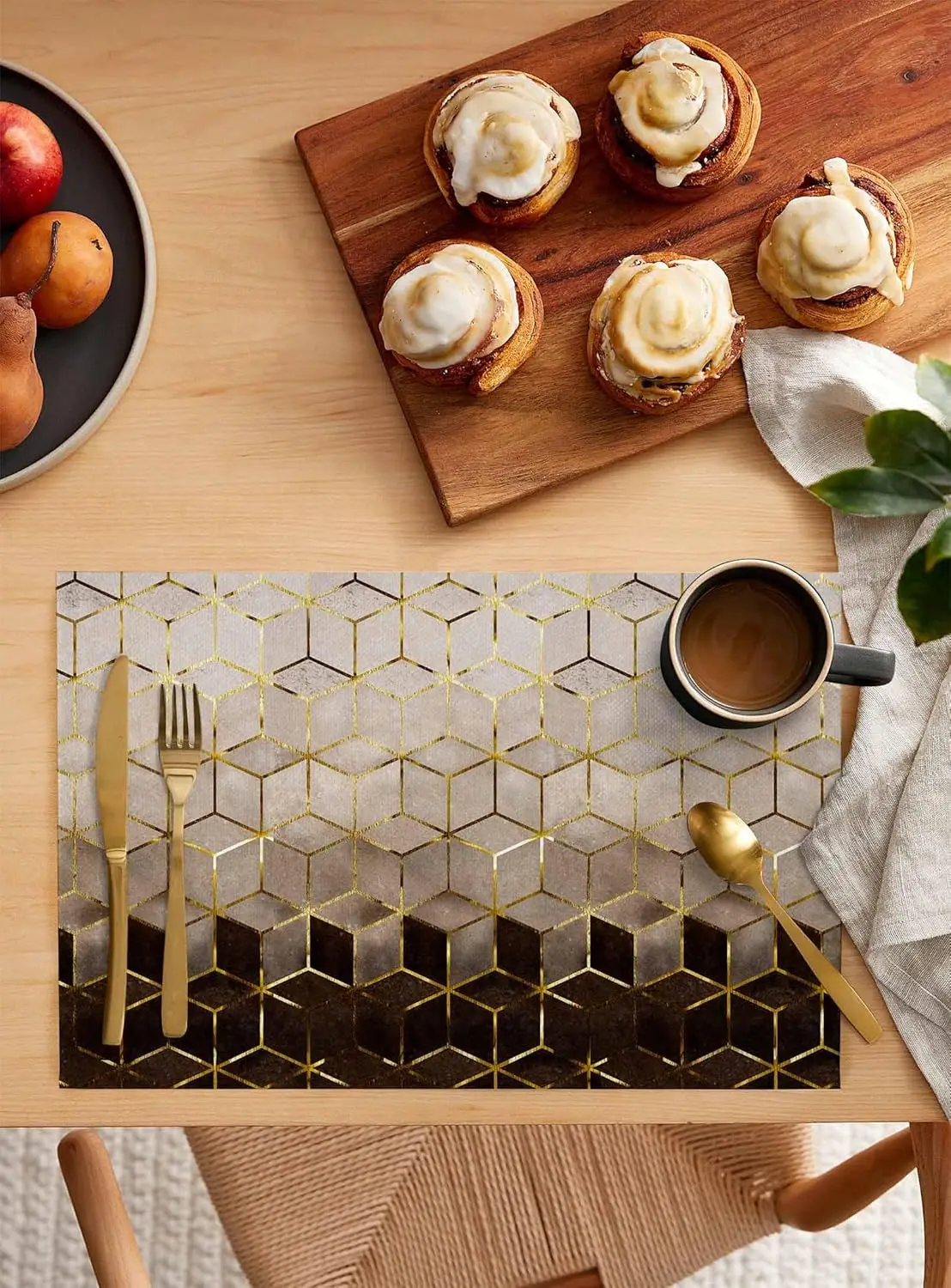 Placemats Set of 6, Geometric Pattern Abstract Art Cubes Brown Black Gold Heat Resistant Non-Slip Burlap Place Mats for Home