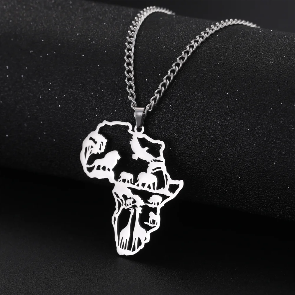 My Shape Afrika Kaart Leeuw Olifant Aap Giraffe Hanger Kettingen Mannen Vrouwen Roestvrij Staal Dier Ketting Ketting Afrikaanse Sieraden