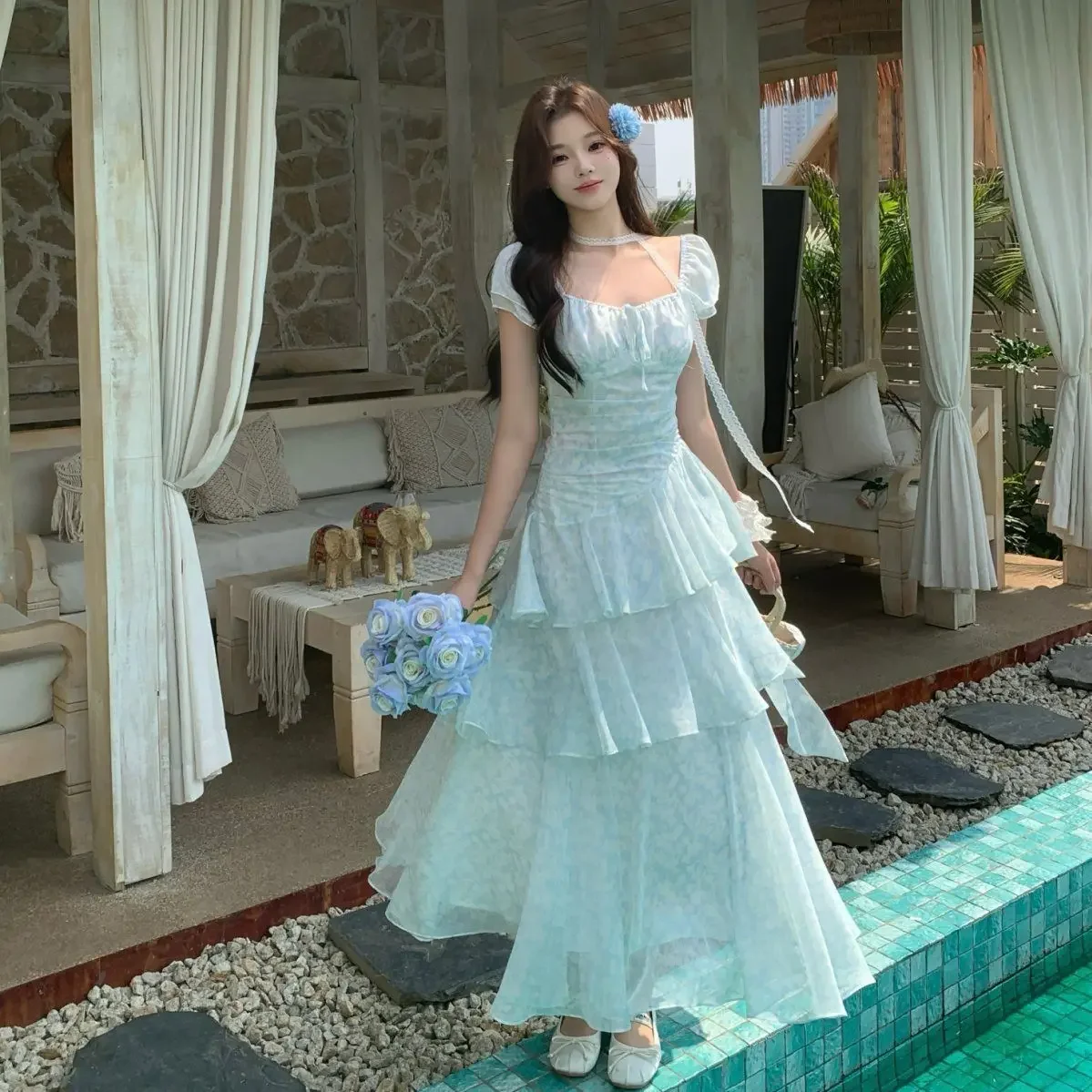 Vestido de Talla Grande para Mujer con Estampado Floral Delicado, Cintura Ajustada Asimétrica, Estilo Francés, Manga Abullonada, Nuevo Estilo de Primavera