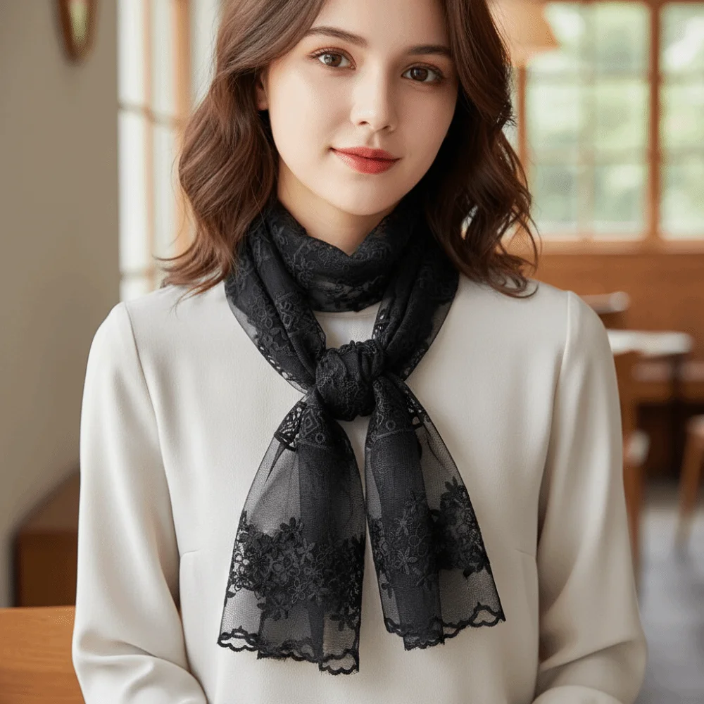 

Fashion Ribbon Embroidery Lace Scarf Thin Korean Style Flower Scarf Printed Neckerchief Long Scarves Outdoor