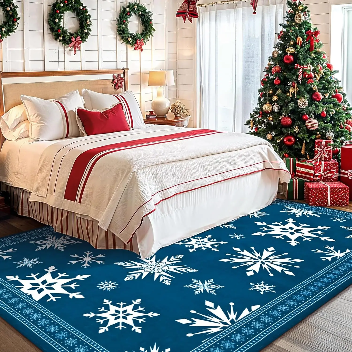 Christmas Area Rugs, Snowflake Living Room Rug Blue Washable Rug, Winter Bedroom Rugs for Living Room Non Slip, Soft Faux Wool
