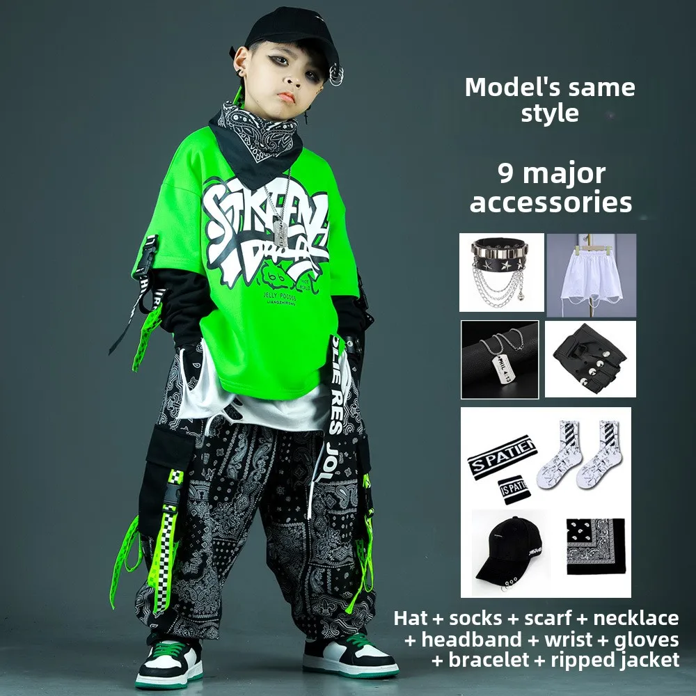 Boys' Spring Suits Green Top Black Pants Children's Hip-hop