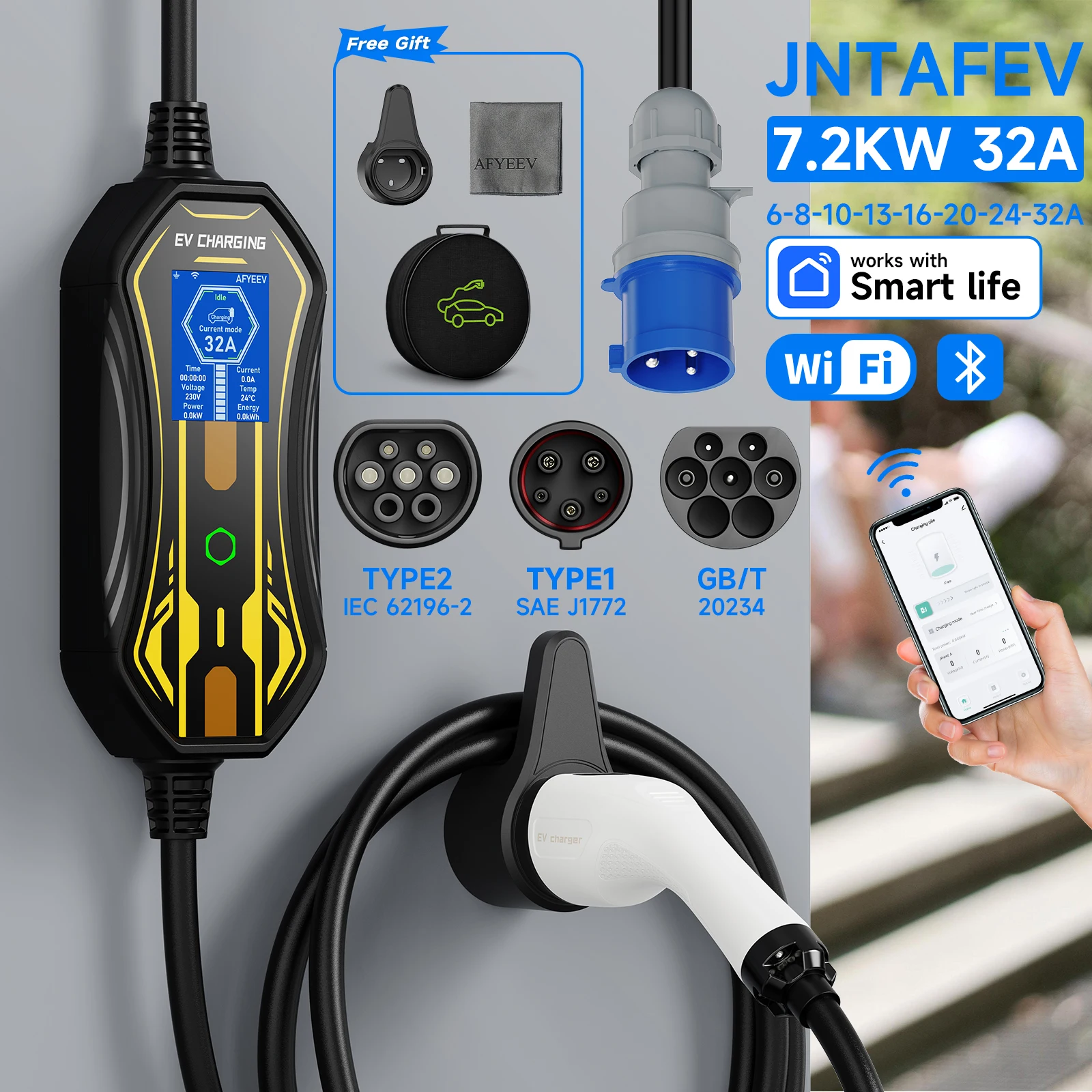 JNTAFEV Produkt EV-Ladegerät Typ 2 32 A 7,2 kW 1 Phase Typ 1 Elektroauto-Ladegerät GB/T WIFI APP-Steuerung für Elektrofahrzeuge EVSE
