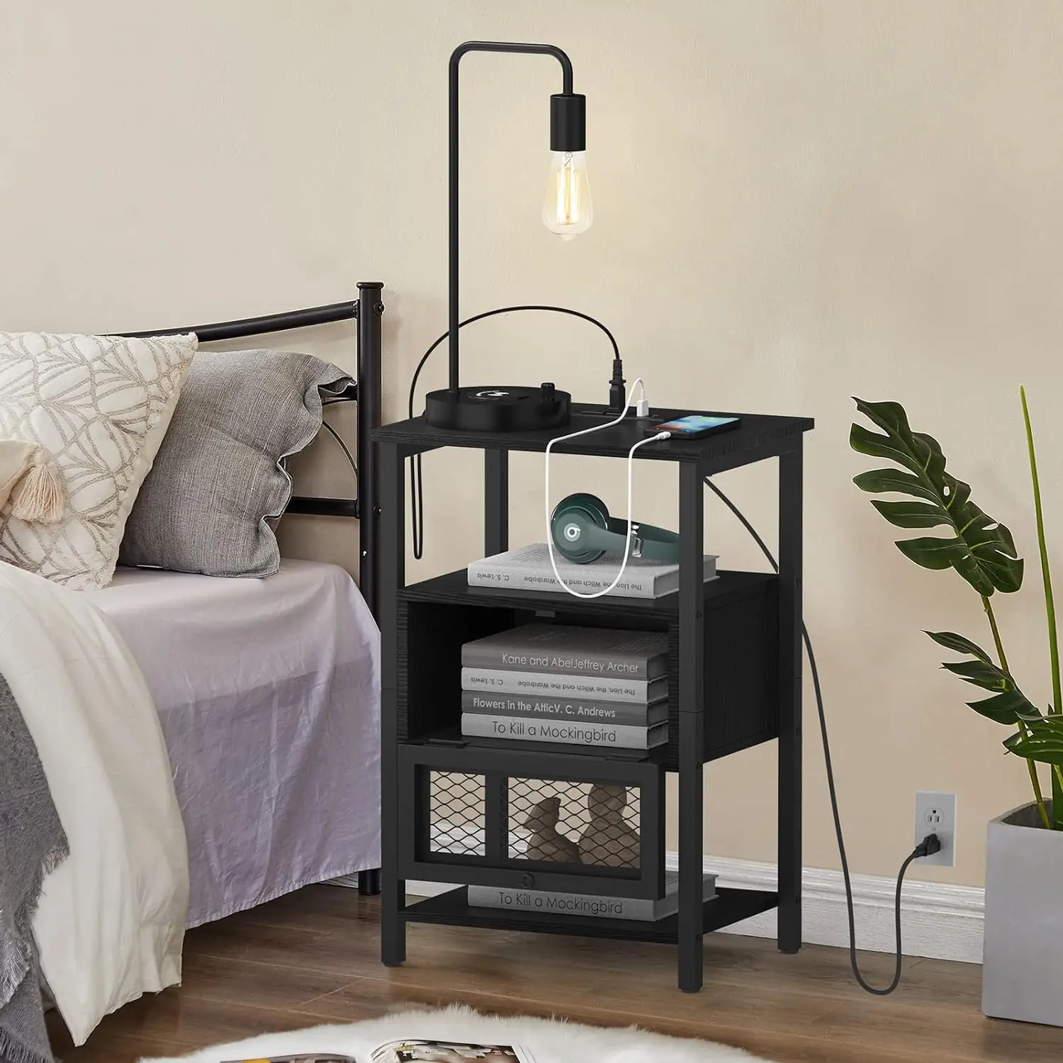 Nightstand moderno com gaveta do armazenamento, mesa lateral com portas USB, mesa de cabeceira, 2PCs