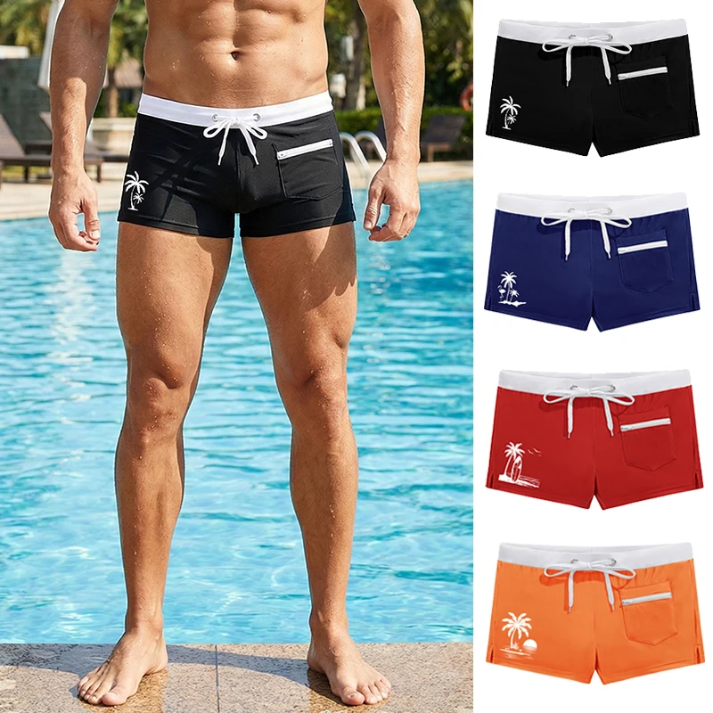 Herren-Badehose mit Palmenmuster und Netzfutter, Reißverschlusstasche, Sommer, schnell trocknend, dehnbare Badeshorts, Badeanzug, Badebekleidung